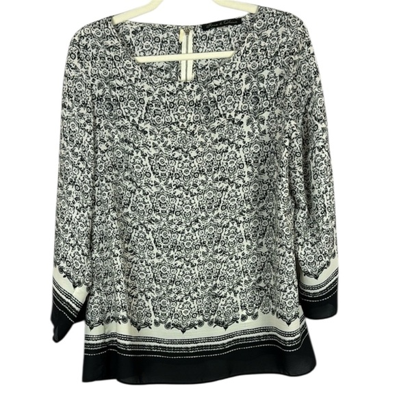 Rose & Olive Black and White Graphic Floral Boxy Blouse Size Large - Picture 1 of 12